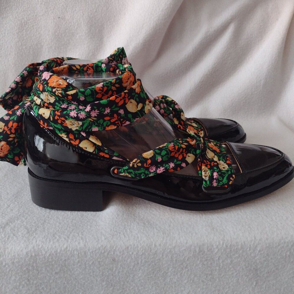 Ganni Lilou Patent Leather Floral Wrap Ballet Flats 40 NEW Black Loafers 9.5 - Picture 7 of 12